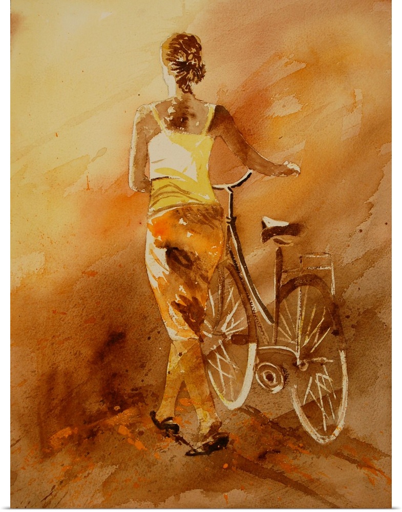 Vertical painting of a woman walking away while pushing a bicycle, done in shades of brown, orange and yellow.