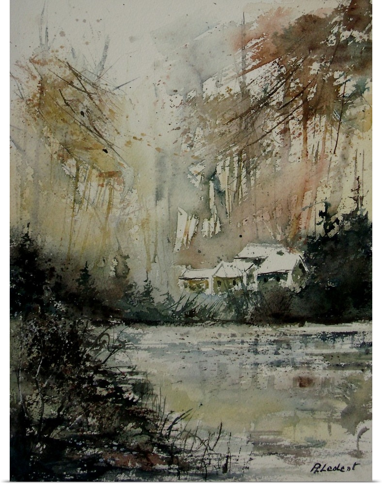 A muted watercolor painting of a house in a forest next to a body of water.