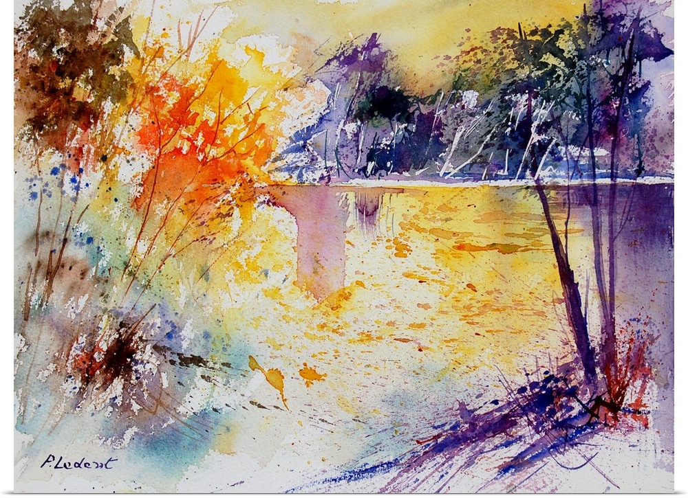 A watercolor painting done in bright primary colors of a pond framed by trees.