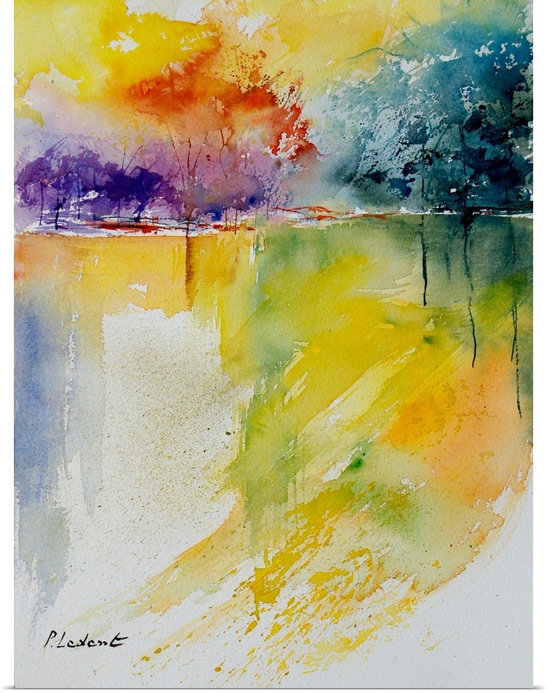 A watercolor painting done in bright primary colors of a pond framed by trees.
