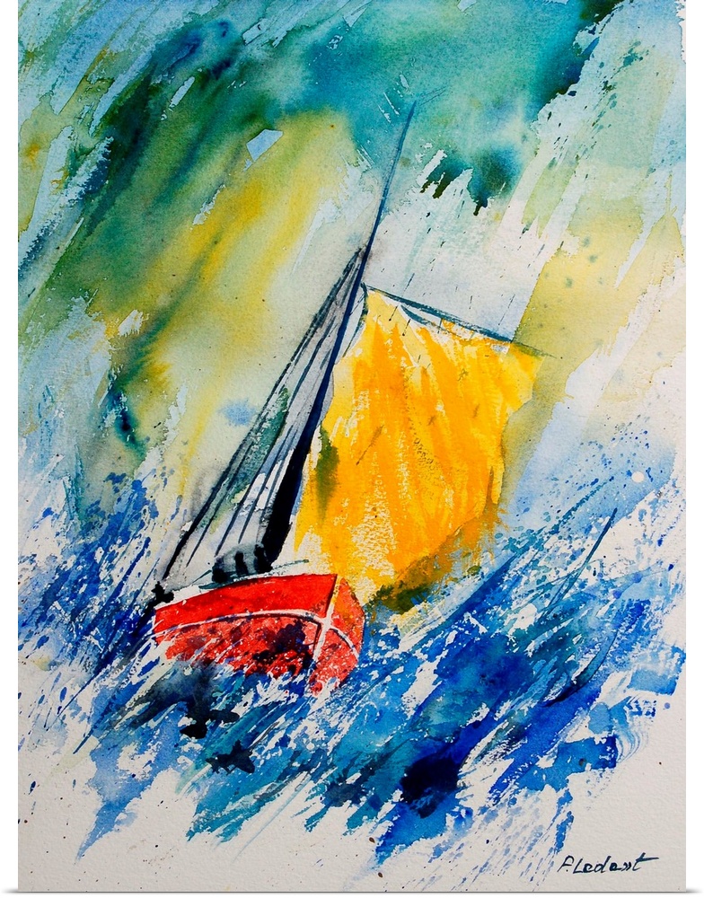 A watercolor painting done in primary colors of a sailboat during rough winds.
