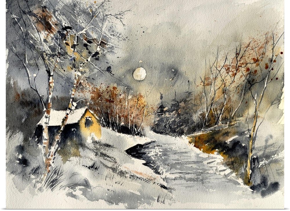 A horizontal watercolor landscape of a small house next to a river with muted colors.