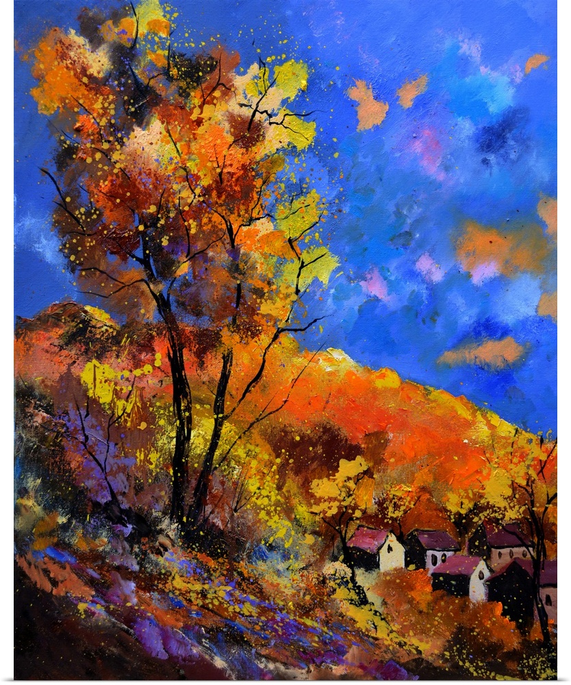 Vibrant painting of an autumn day with blossoming trees, a colorful sky, and a village in the distance.
