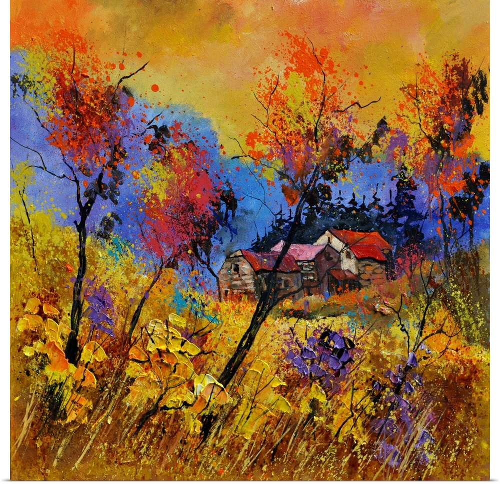 Vibrant painting of a fall day with golden trees, a colorful sky, and a house in the distance.