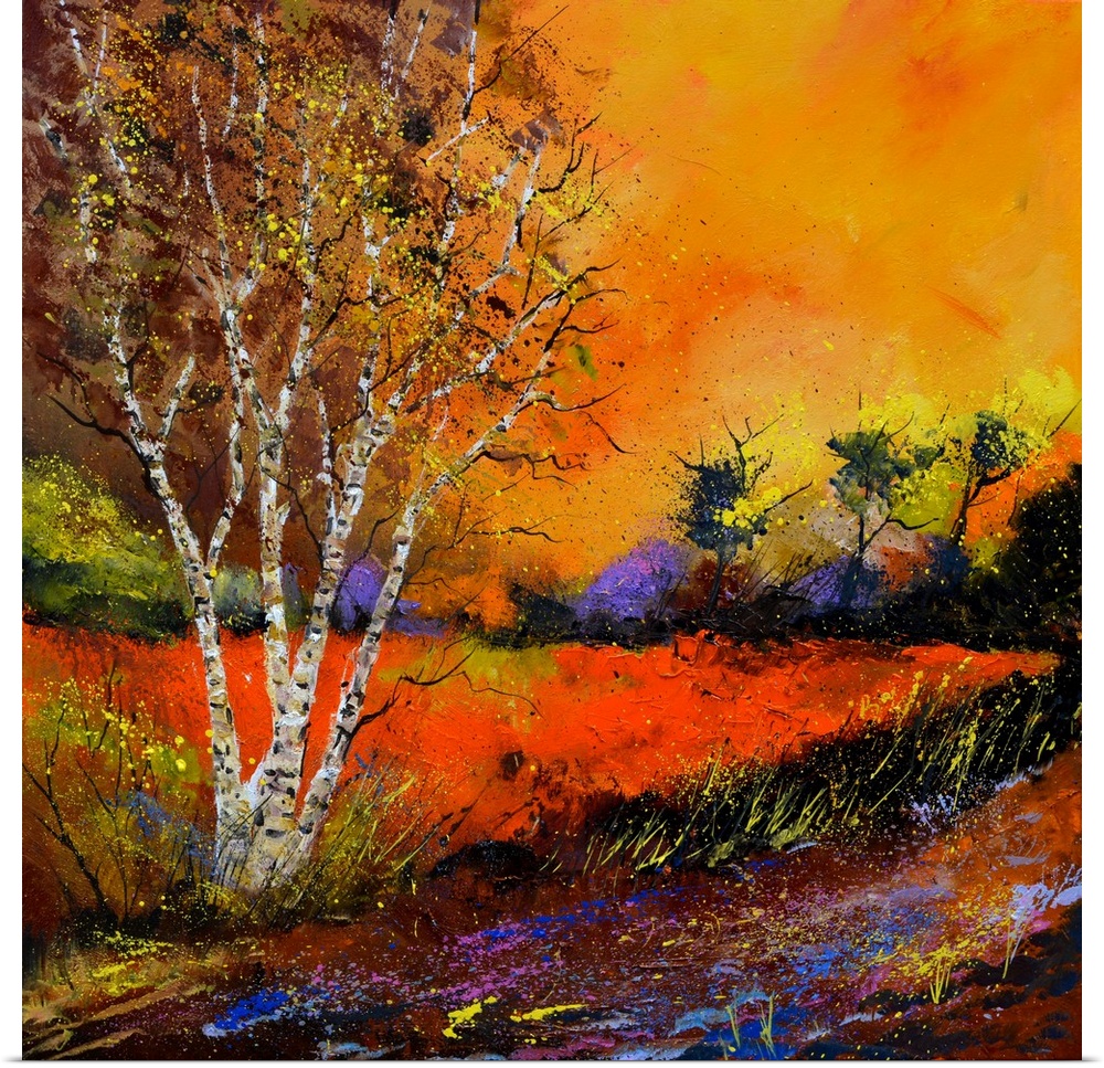 Square painting of an Autumn landscape with orange and yellow flowers in the foreground and a bright warm sky in the backg...