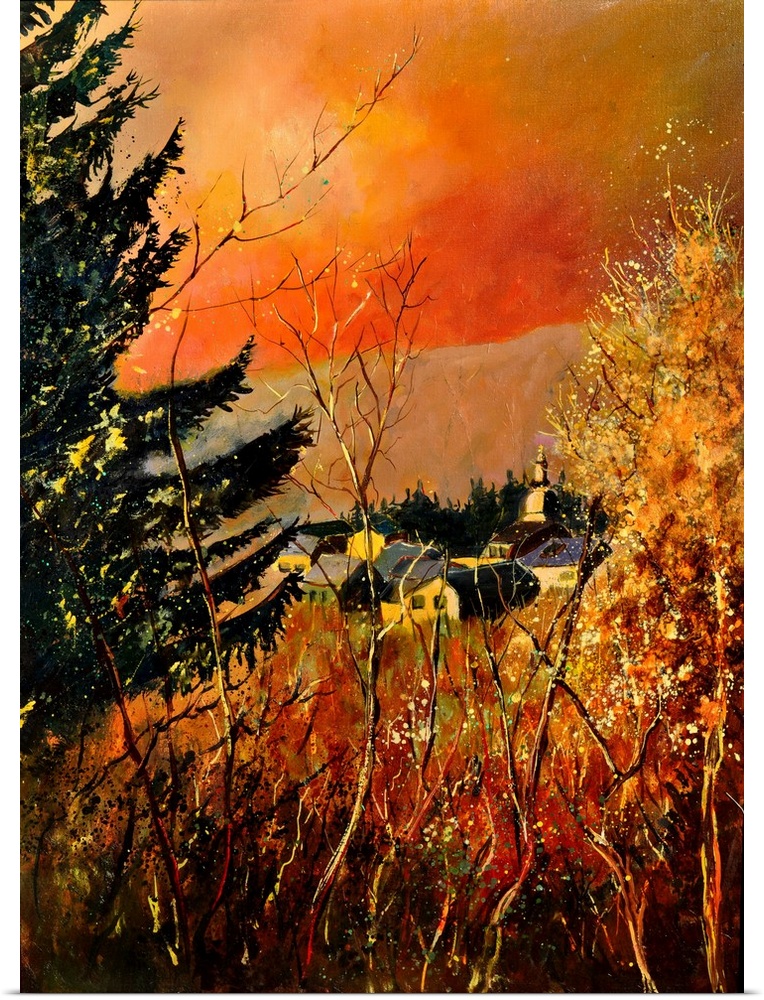 Vertical painting of an Autumn landscape with orange and yellow flowers in the foreground and a bright warm sky in the bac...