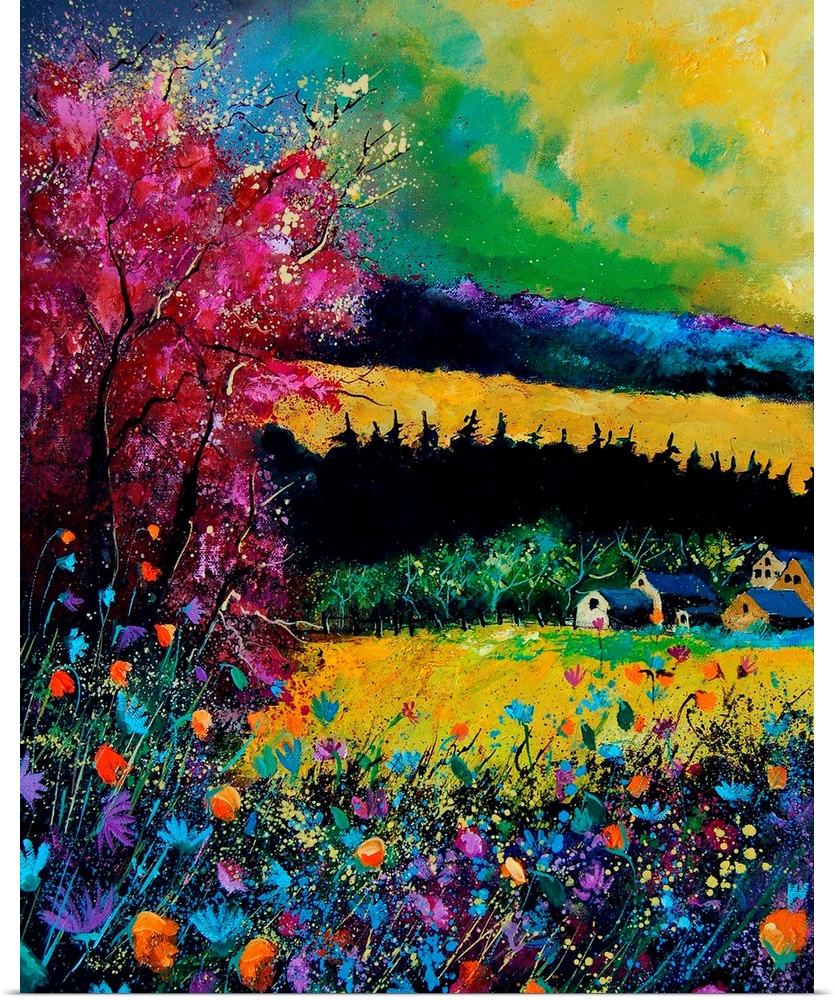 Vertical painting of a field of flowers on a fall day with splatters of multi-color paint overlapping the image.