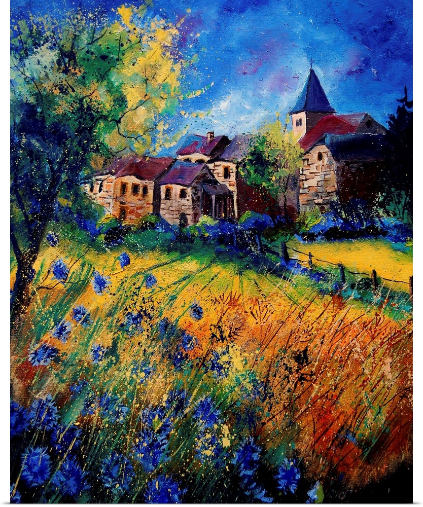 A contemporary painting of Awayne with a filed of beautiful flowers in bloom.  Awagne is a Belgian hamlet of the former mu...