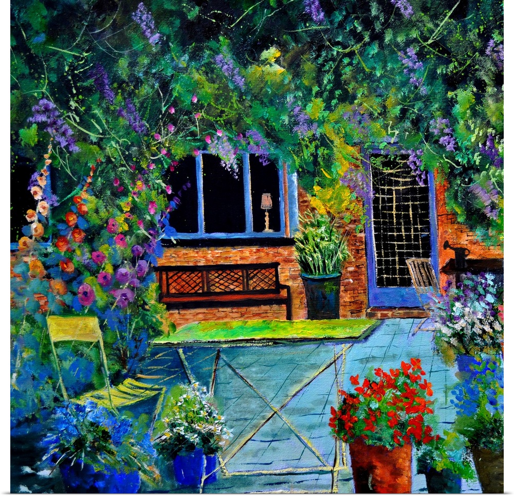 Square painting of a patio surrounded by blooming flowers in a garden.