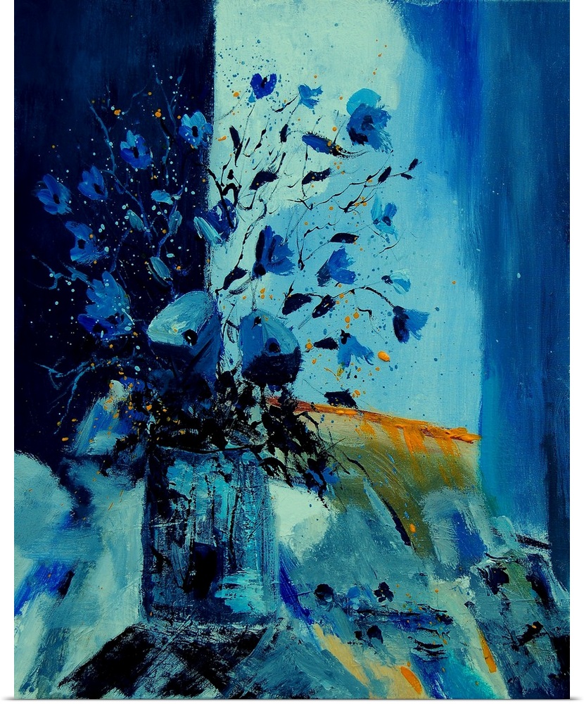Vertical painting of a vase of flowers in varies shades of blue tones.