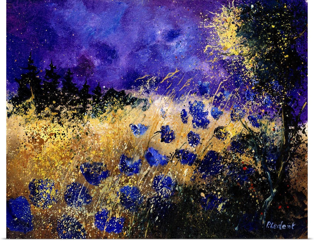Contemporary painting of a field of blue cornflowers along a tree with a vibrant purple sky.