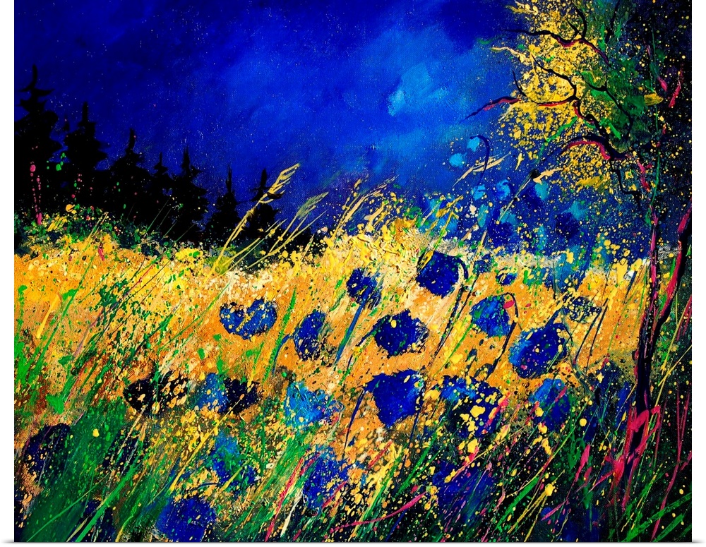 Contemporary painting of a field of blue cornflowers along a tree with a vibrant blue sky.