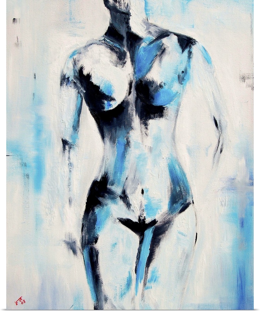 Vertical painting of a nude woman from the neck down in textured shades of blue.