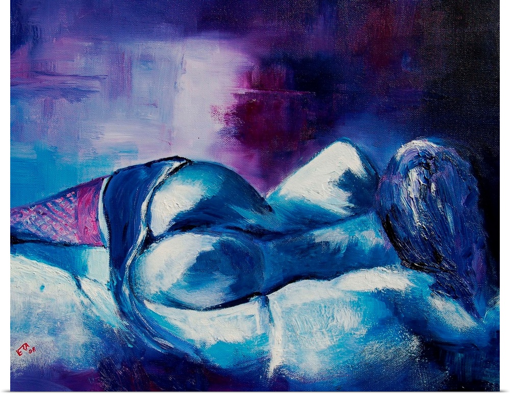 Nude painting of a woman laying in bed done in cool shades of blue and purple.
