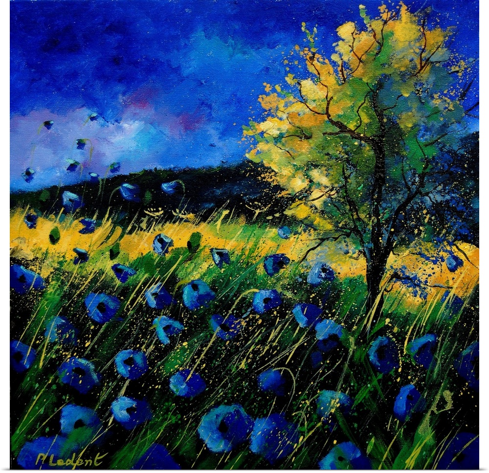 A vertical abstract landscape of a field of blue poppies in colors of green and blue.