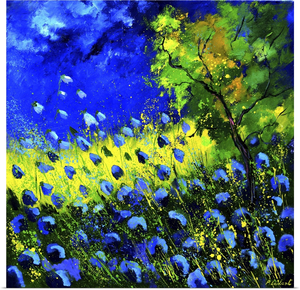 Square painting of blue poppies in a field and a bright blue sky with small speckles of paint overlapping.