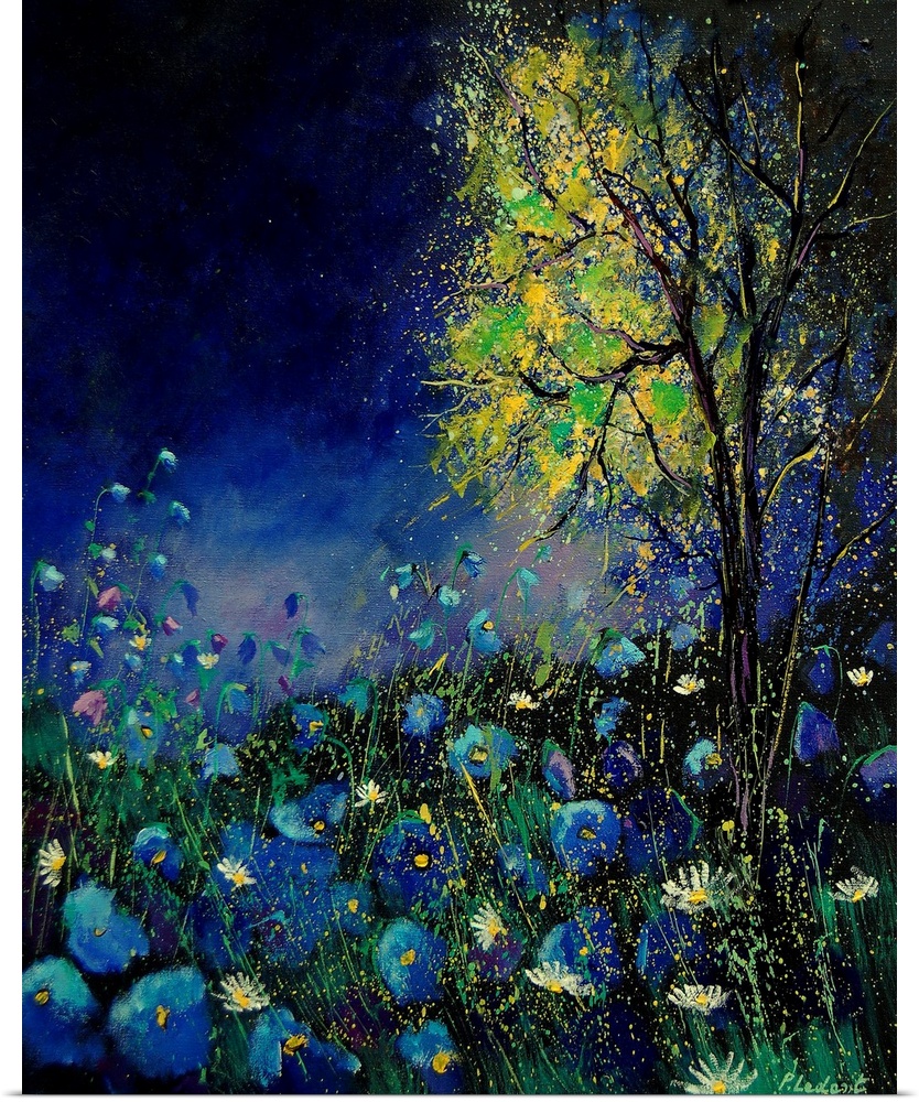 Vertical painting of a field of blue poppies with a tree with splatters of multi-color paint overlapping the image.