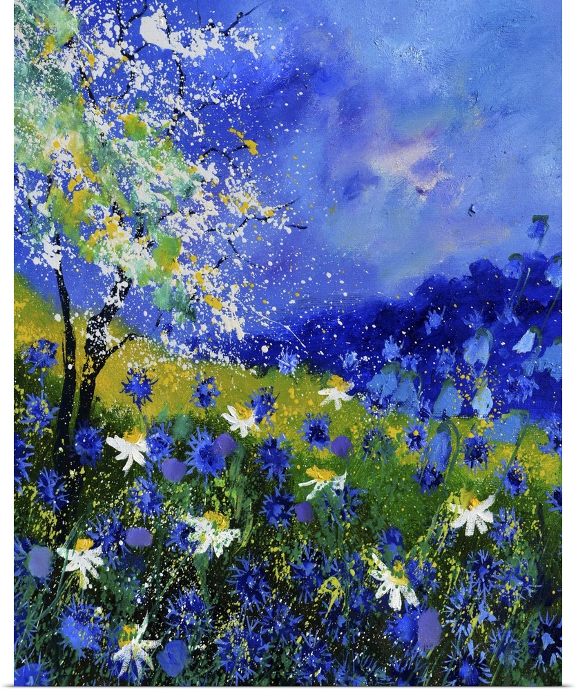 Vertical painting of colorful flowers in a garden and a bright blue sky with small speckles of paint overlapping.