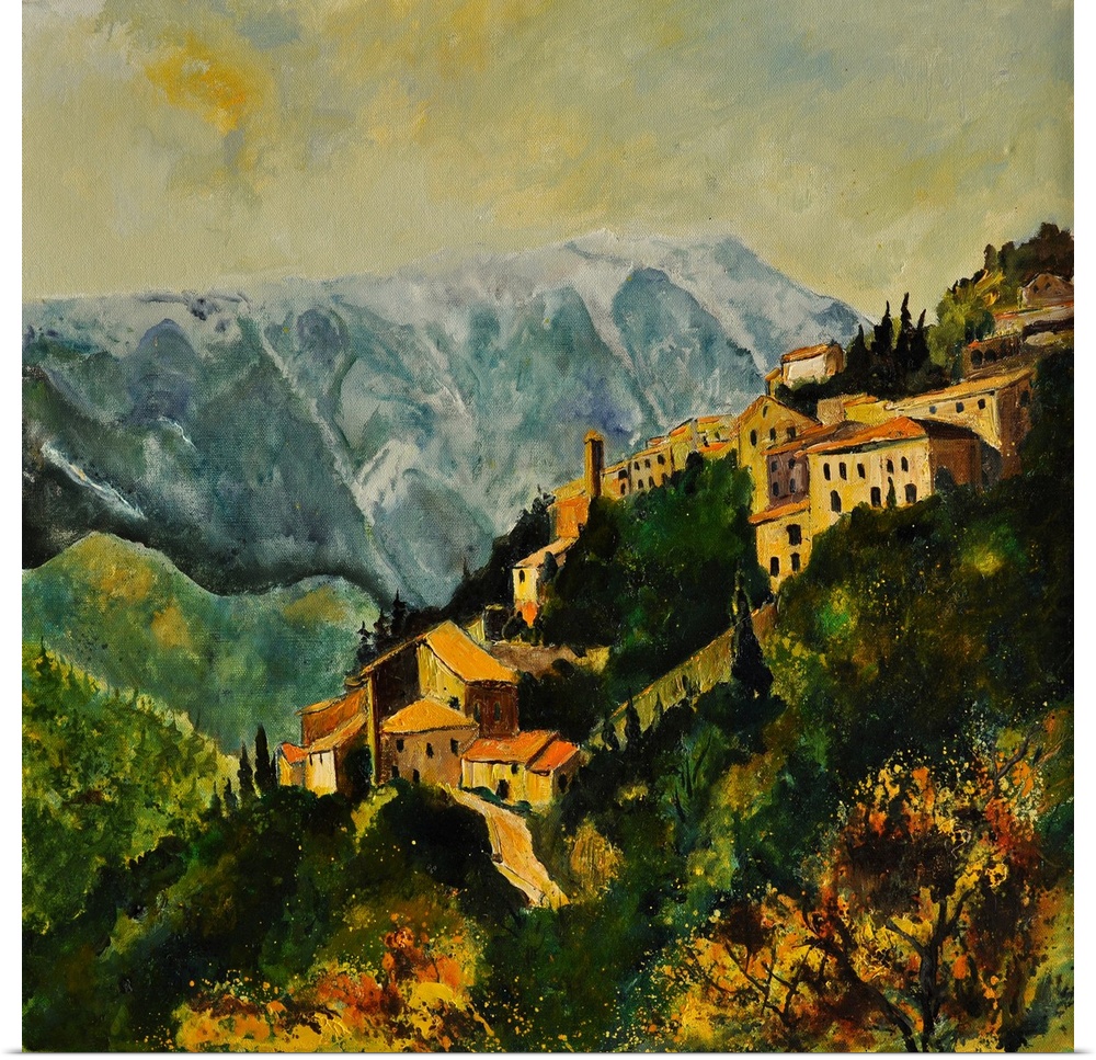 Landscape painting of the village of Brantes in France on a hill side with mountains near by and a warm yellow sky.
