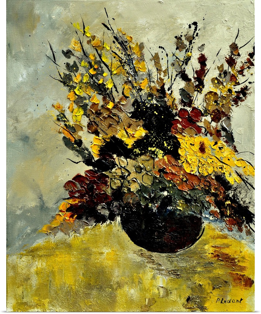 A large bouquet of flowers in earth tone colors on a yellow table against of neutral backdrop.