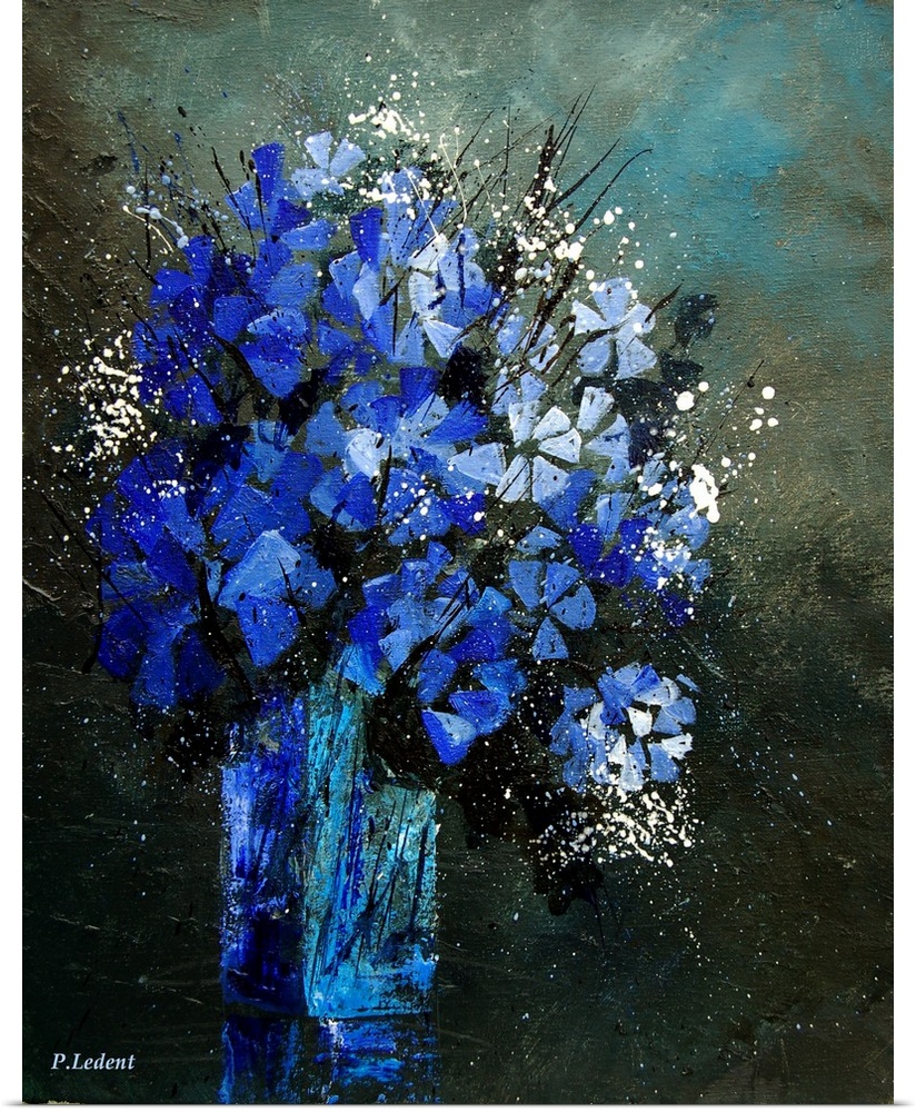 Contemporary painting of a vase of blue and white flowers against a neutral backdrop.