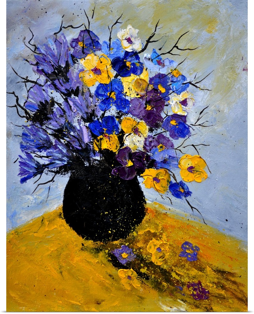 Vertical painting of a vase of flowers in varies shades of blue tones on a yellow  table.
