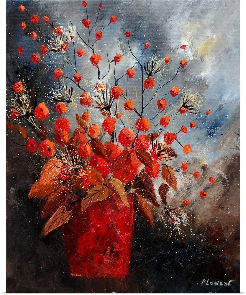 Contemporary painting of a vase of red and white flowers against a neutral backdrop.