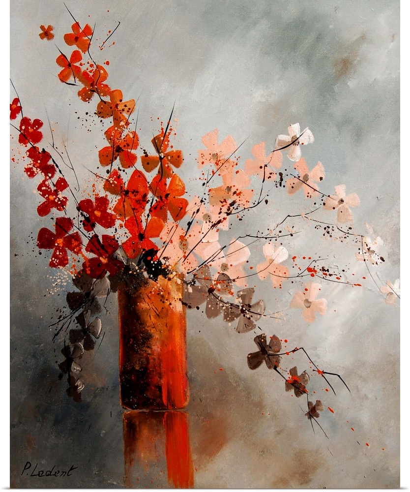 Contemporary painting of a vase of red and peach flowers against a neutral backdrop.