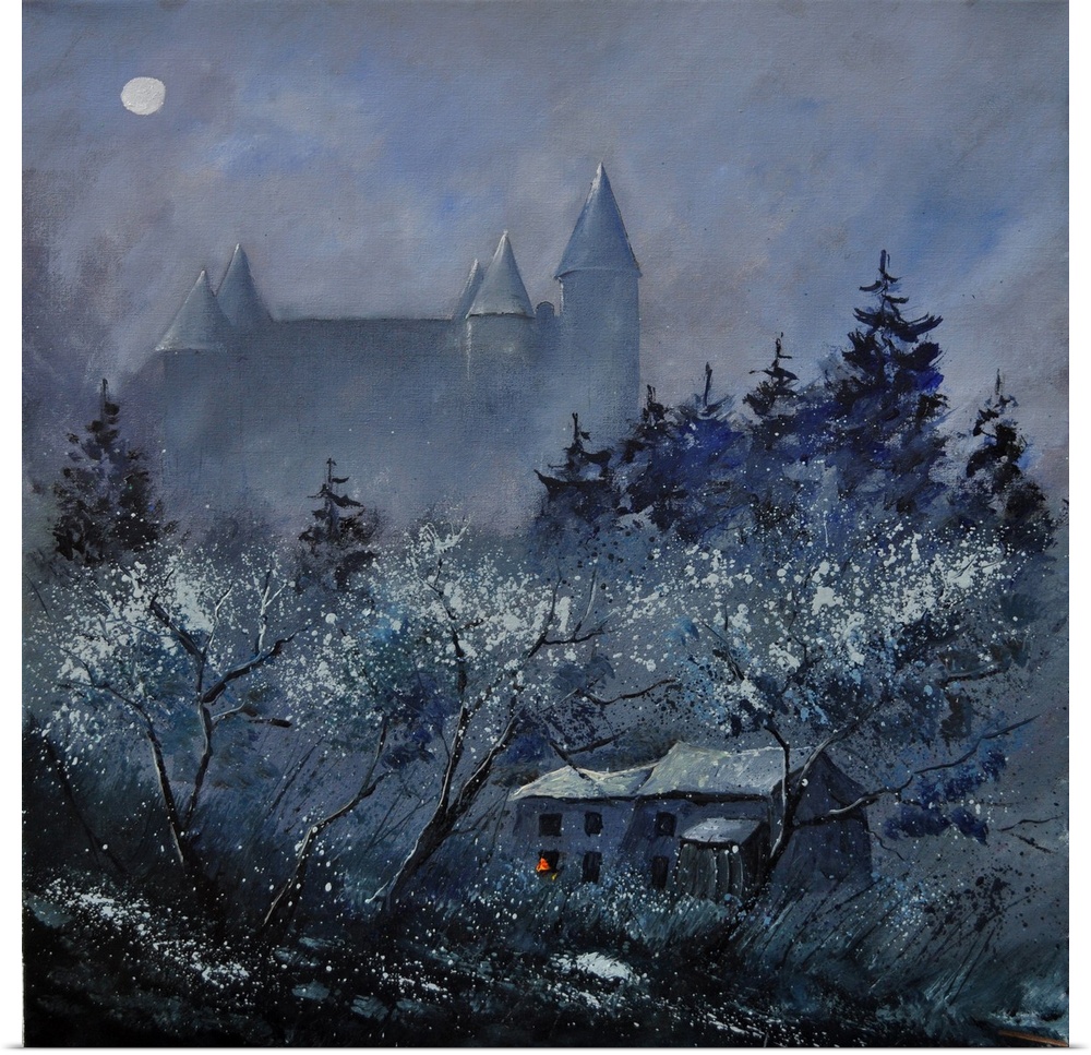 Vertical painting of a nighttime scene of a mist covered village with a castle in Belgium.