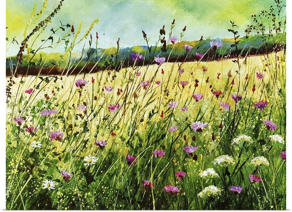 A horizontal abstract landscape of a field of wild flowers in vibrant colors.