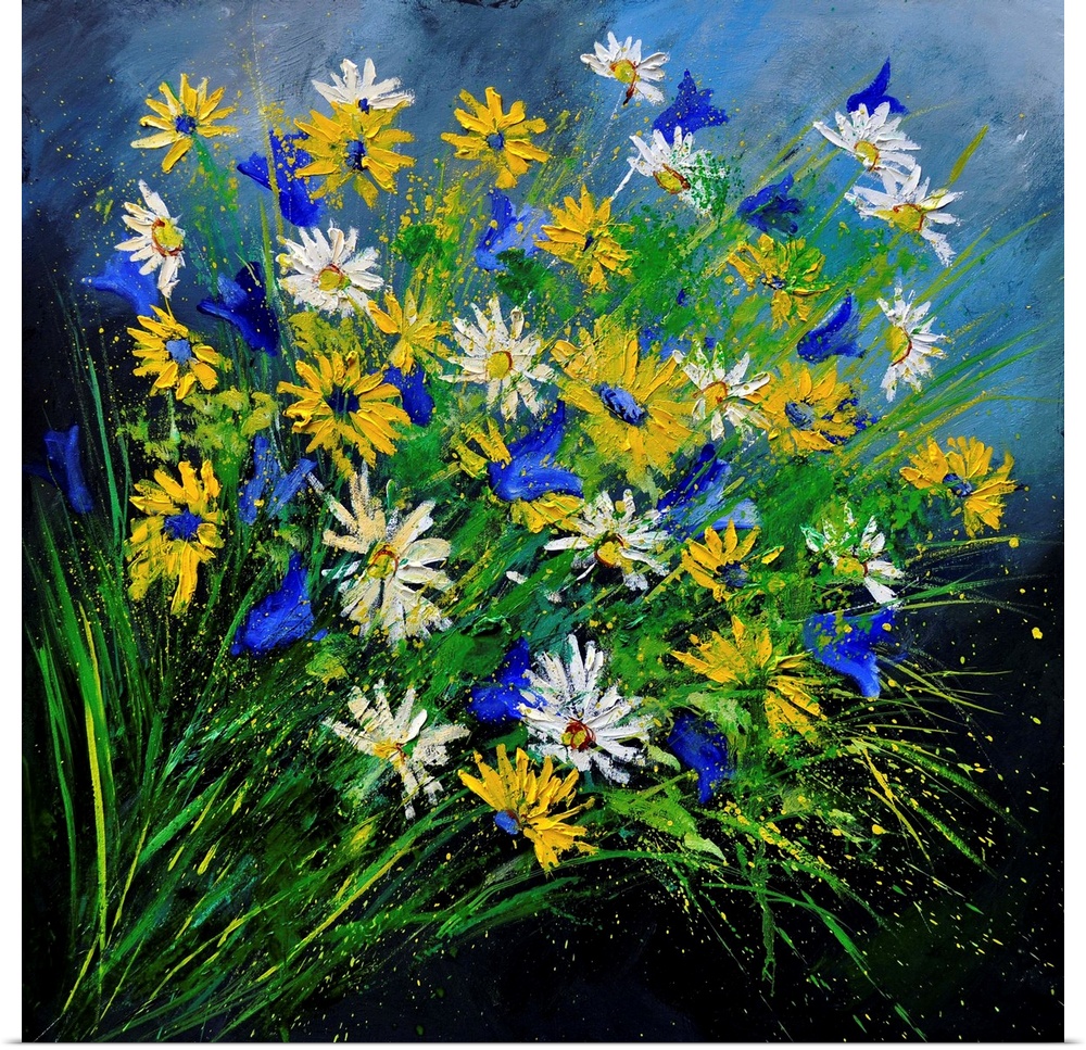 Square painting of a bunch of yellow and white daisies with small speckles of paint overlapping.
