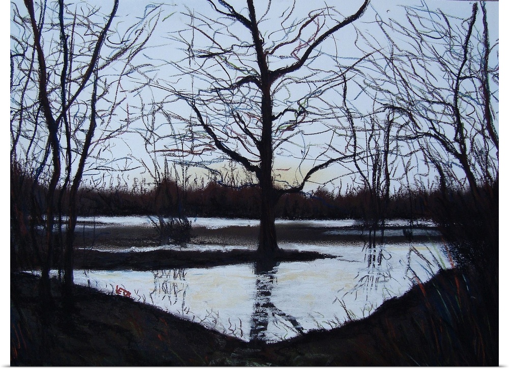 Horizontal painting of silhouetted trees reflecting on a calm river at night fall.