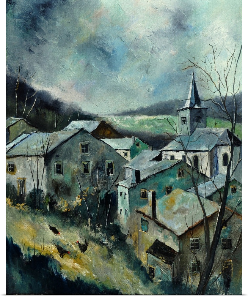 Vertical painting of the small village of Dohan, Belgium in muted tones.