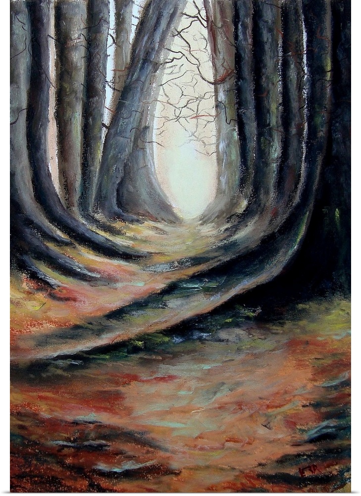 A vertical painting of a path through a wooded forest.