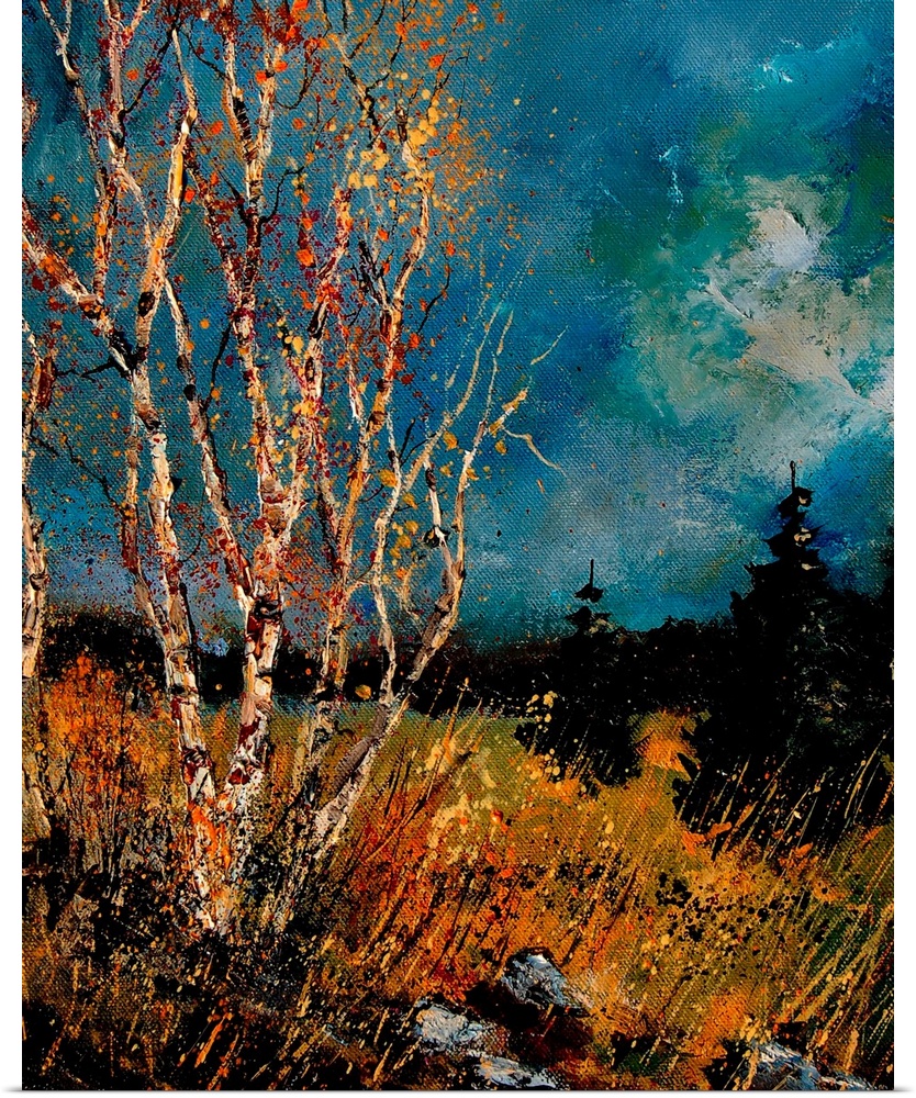 Vertical painting of bare trees in a field of golden grass with a dark stormy sky.