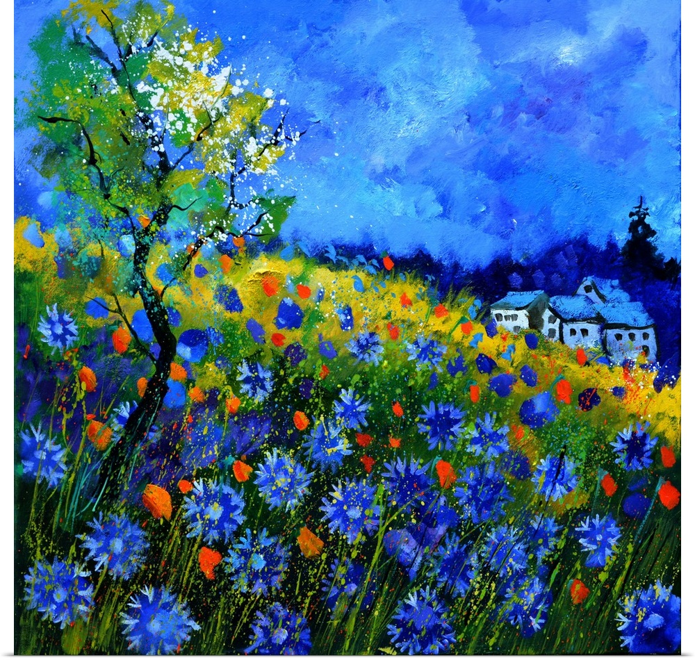 Vibrant painting of a bright Summer day with blossoming flowers, a colorful sky, and a house in the distance.