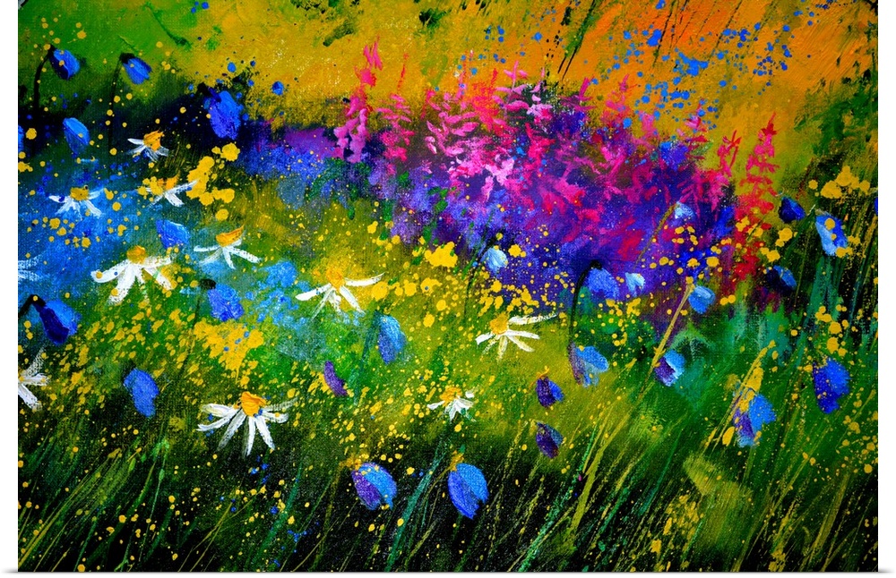 Horizontal painting of colorful flowers in a garden with small speckles of paint overlapping.