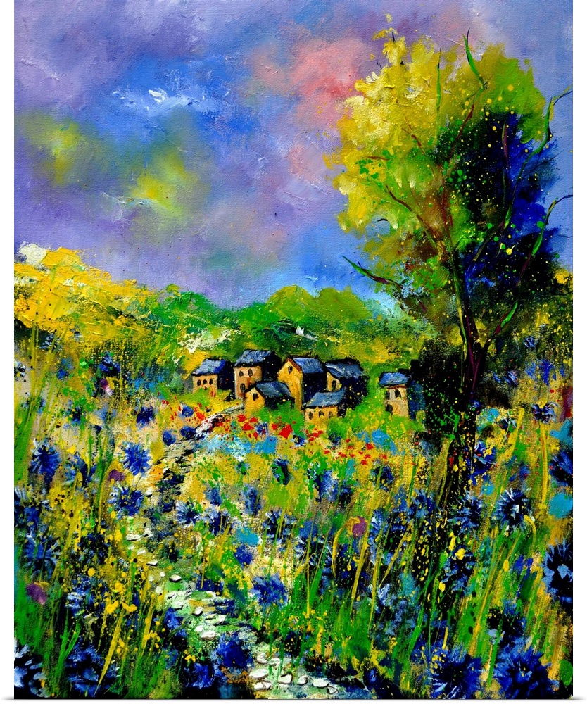 Vertical painting of a field of flowers with a house in the background with splatters of multi-color paint overlapping the...