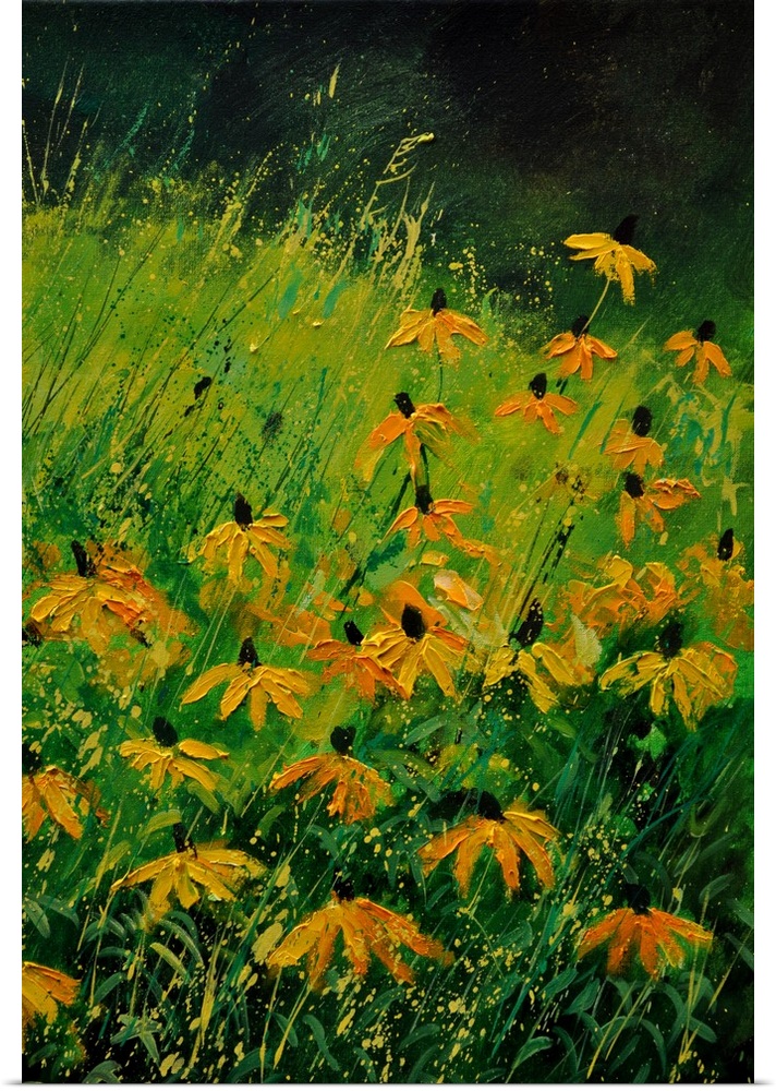 A field of orange flowers among vibrant green grass with small splatter of paint overlapping.