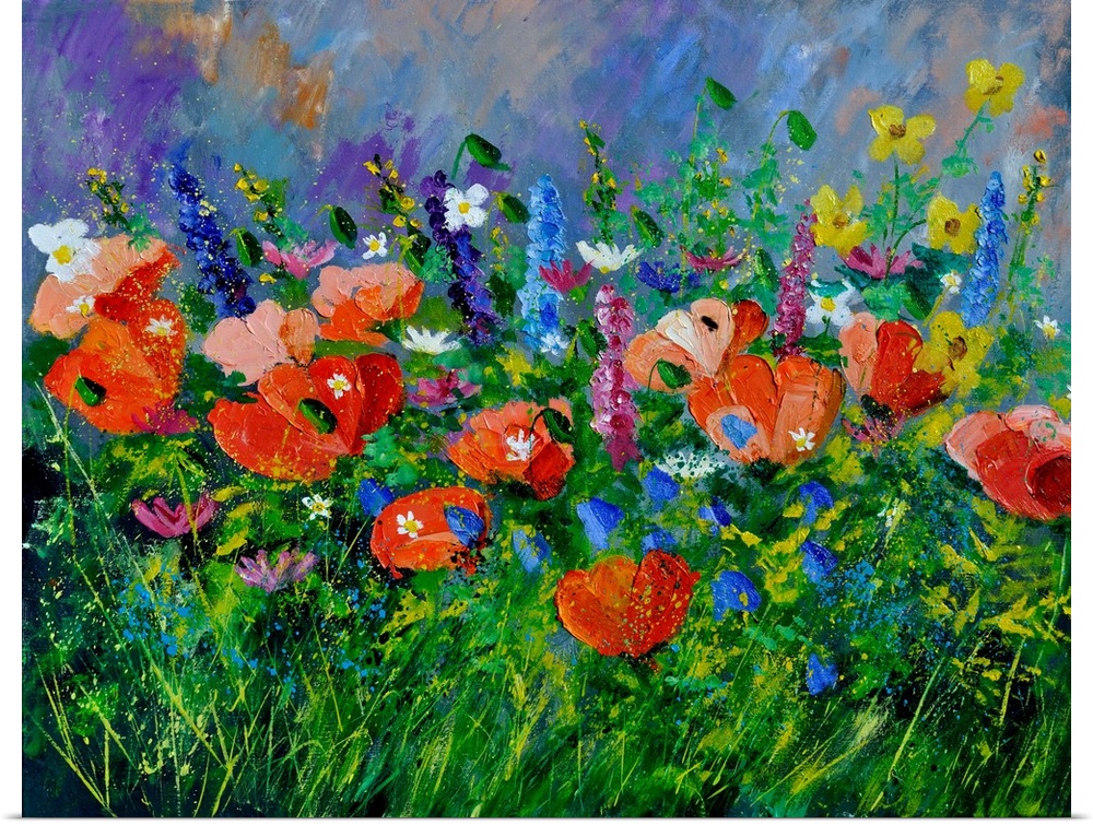 Horizontal painting of colorful flowers in a garden and a bright blue sky with small speckles of paint overlapping.