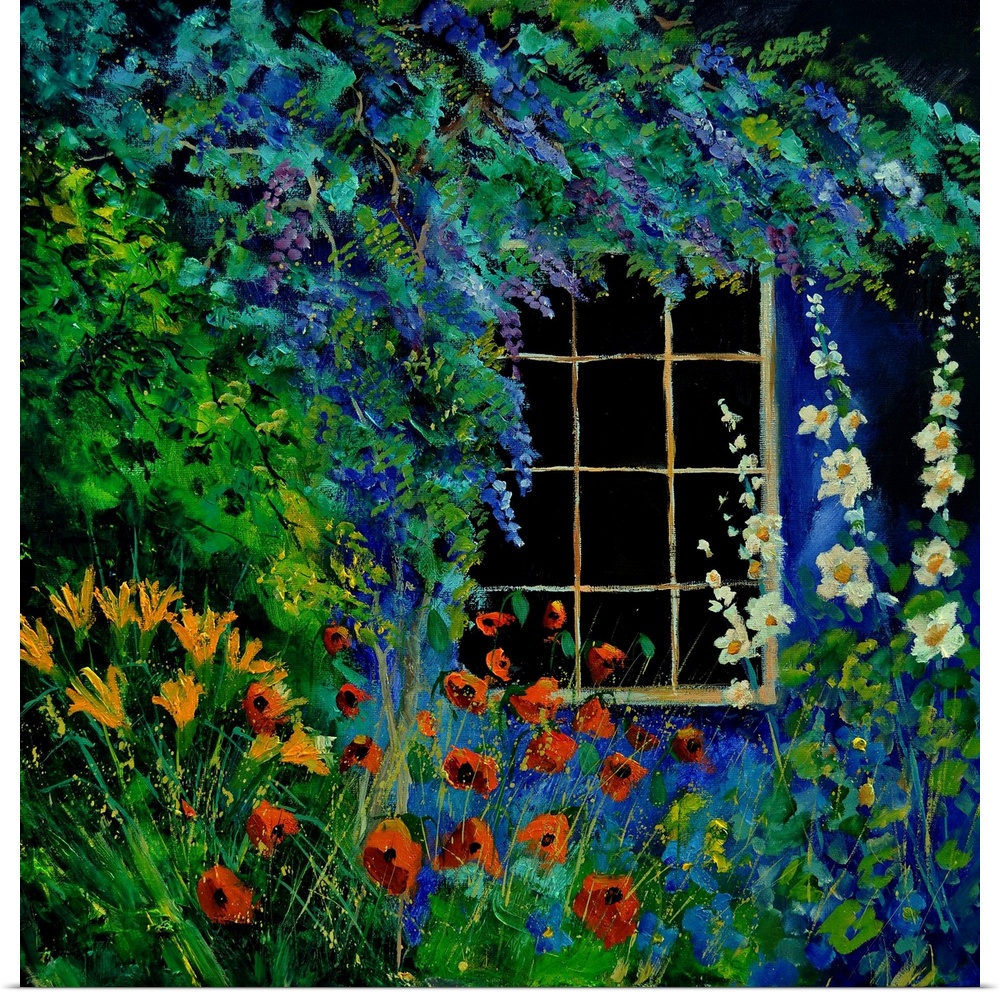 Square painting of a window surrounded by blooming flowers in a garden.