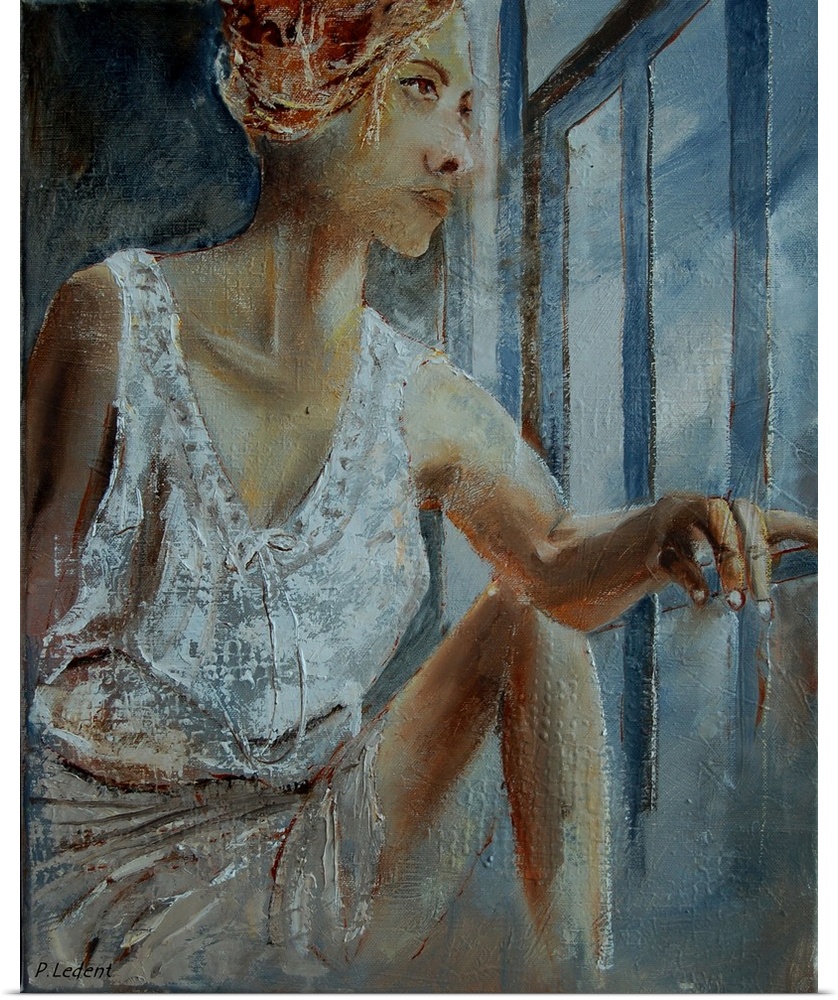 A painting of a woman in white, deep in thought, looking out of a window.