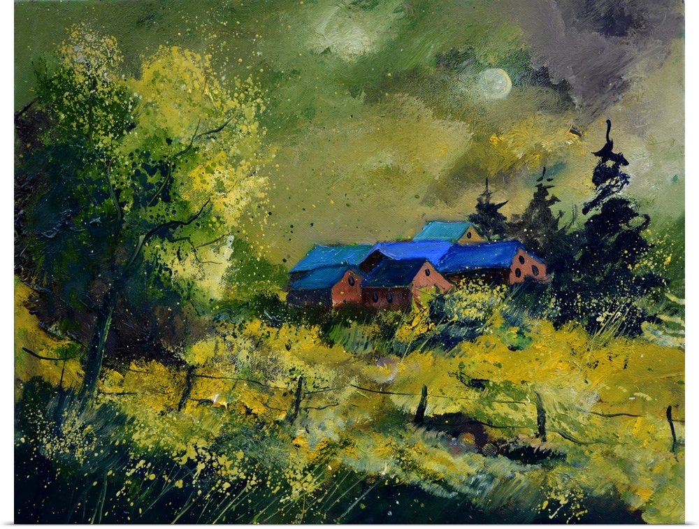 A contemporary painting of a barn framed by trees in the countryside.