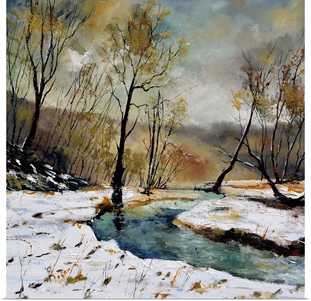 A muted painting of a winding river through a snowy countryside, with bare trees and a cloudy sky.