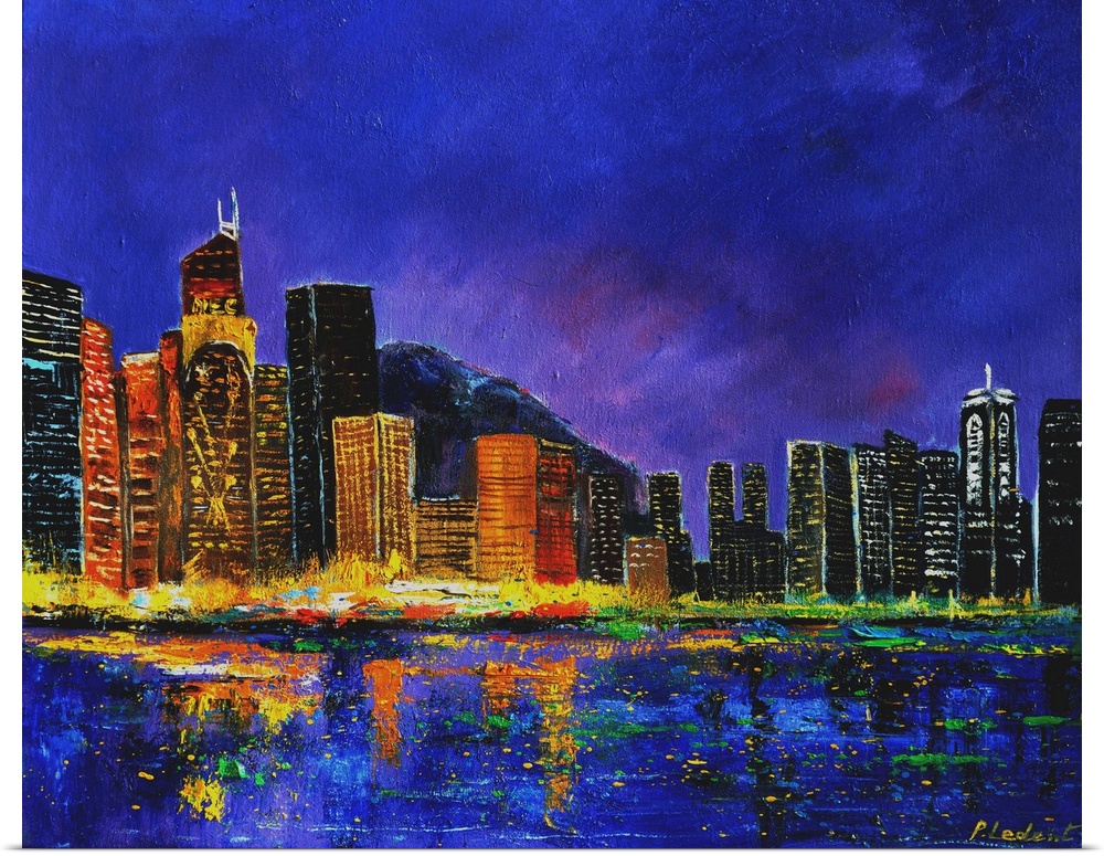 Horizontal city landscape of the city of Hong Kong, China in vibrant warm colors for the buildings and a purple sky.