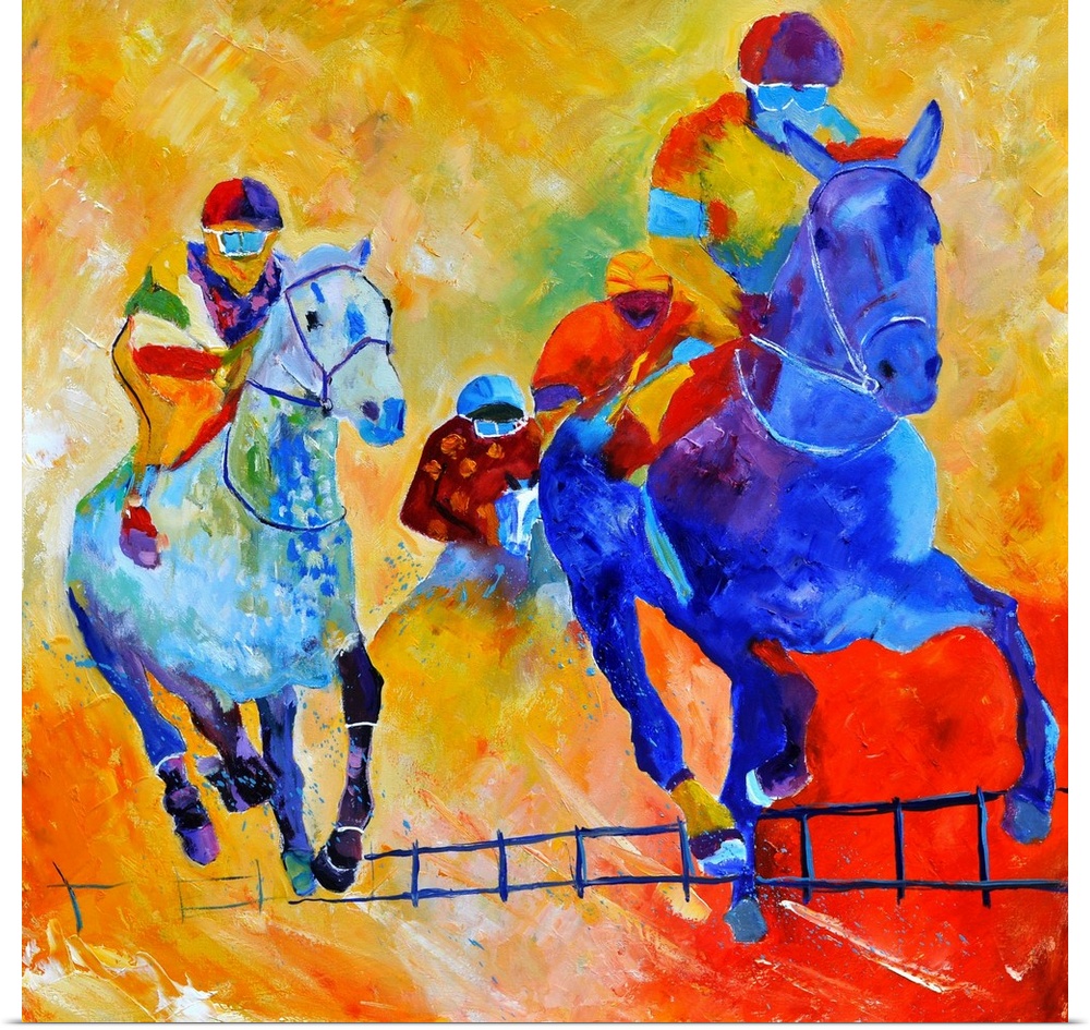 Square complementary painting of horse racing in bright textured tones of blue, yellow and red.