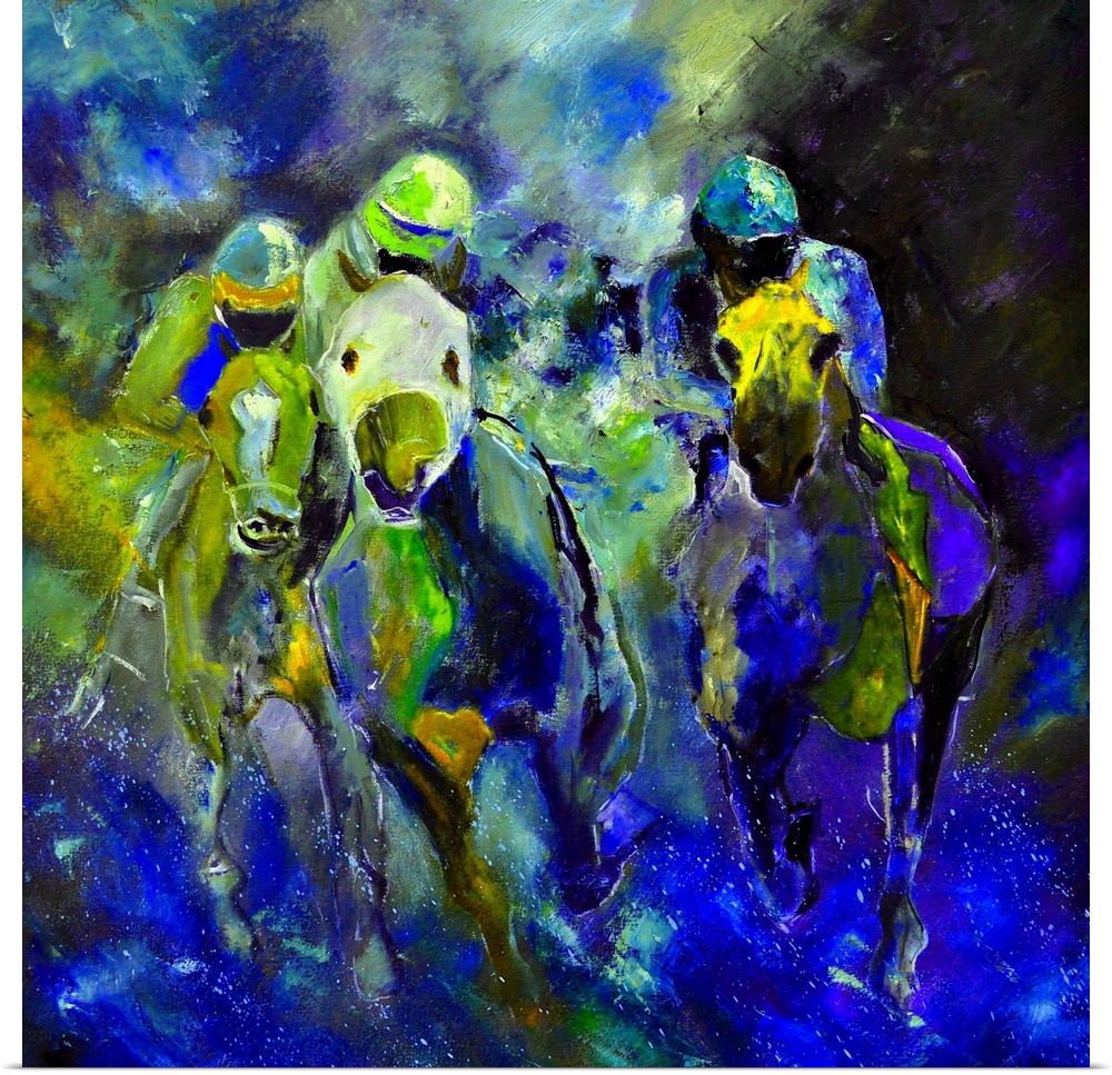 Square complementary painting of a group of horses racing in textured tones of blue and green.