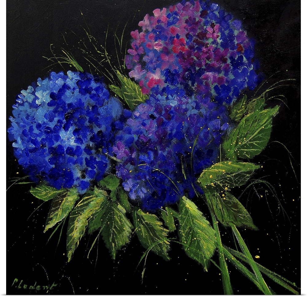 Contemporary painting of a colorful bouquet of flowers on a black background.