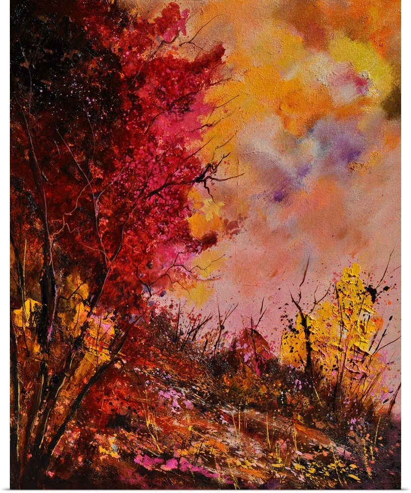 Vertical painting of a group of red leaved trees in the fall with speckles of paint overlapping.