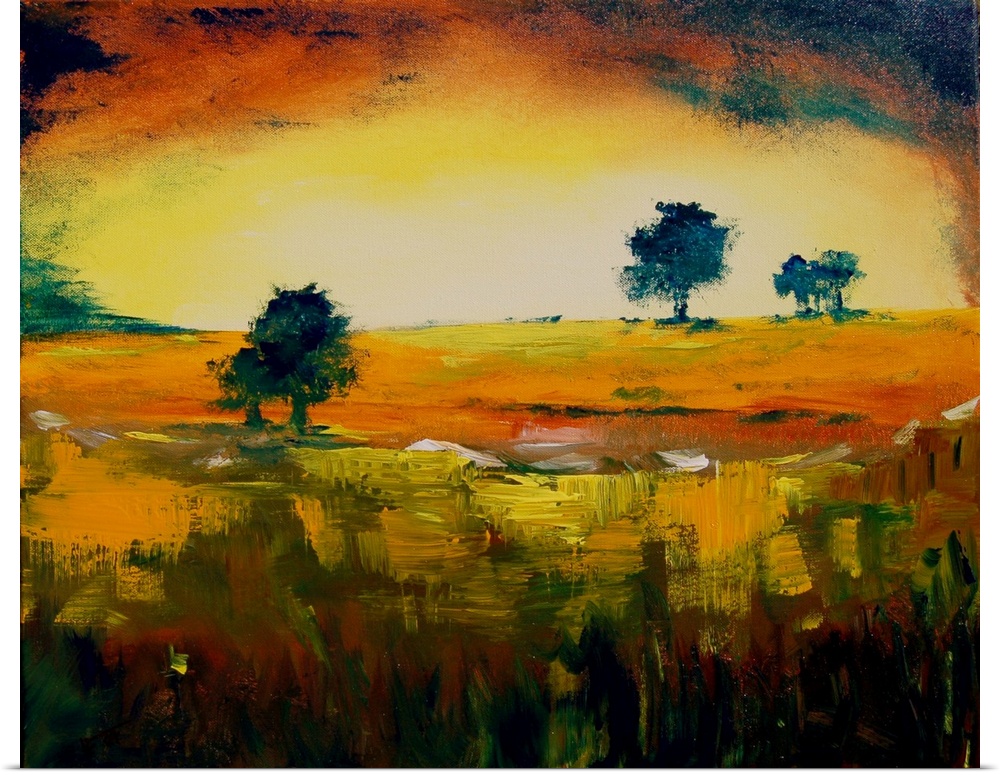 A horizontal landscape of rolling fields with a few trees in vibrant, warm colors.